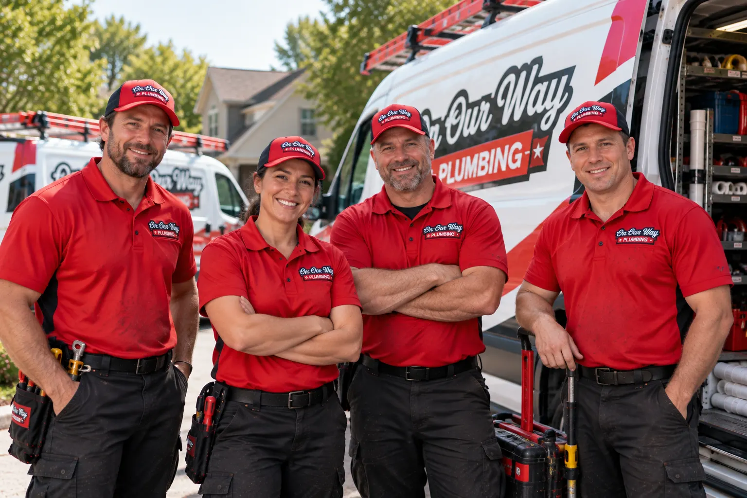 The On Our Way Plumbing team in front of their service vans