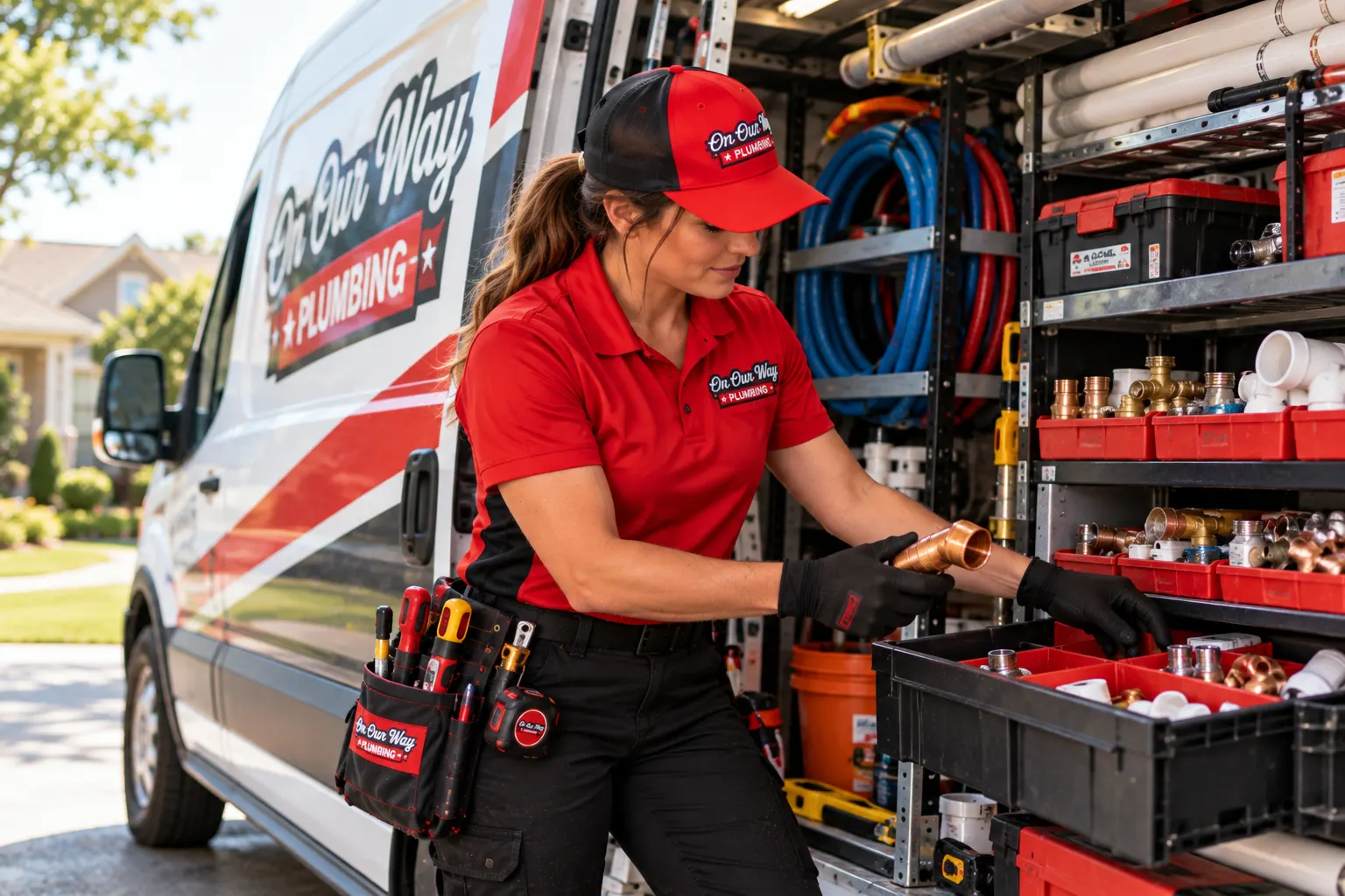 Plumber restocking parts in a fully equipped On Our Way Plumbing van